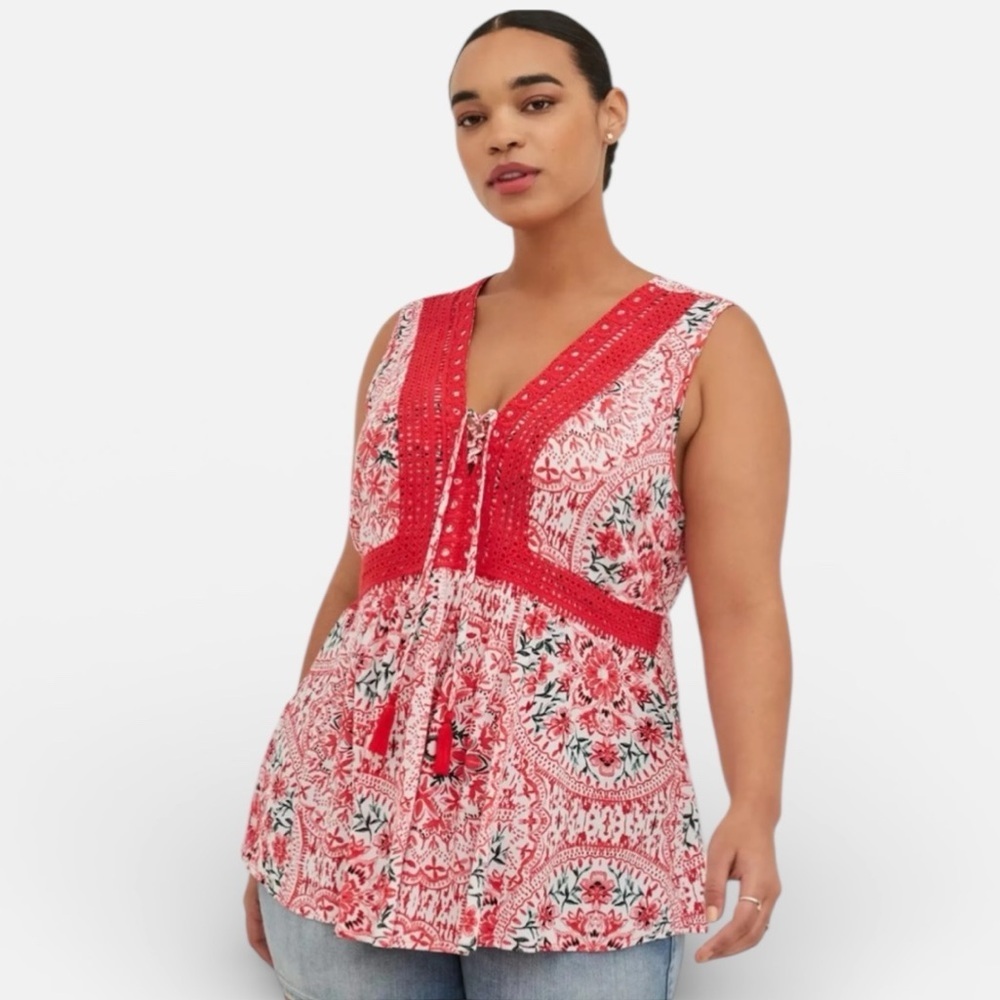 Torrid Floral Print With Crochet Lace Trim V Neck Babydoll Top